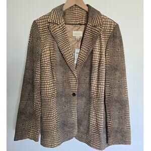 Caché 100% Suede Brown Beige Animal/Croc Print Blazer Jacket NWT Sz 12